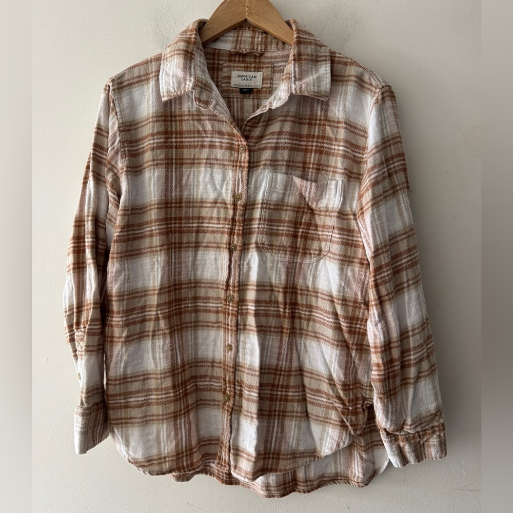 American Eagle Brown Tan Plaid Oversized Button Down Top - Picture 2 of 9